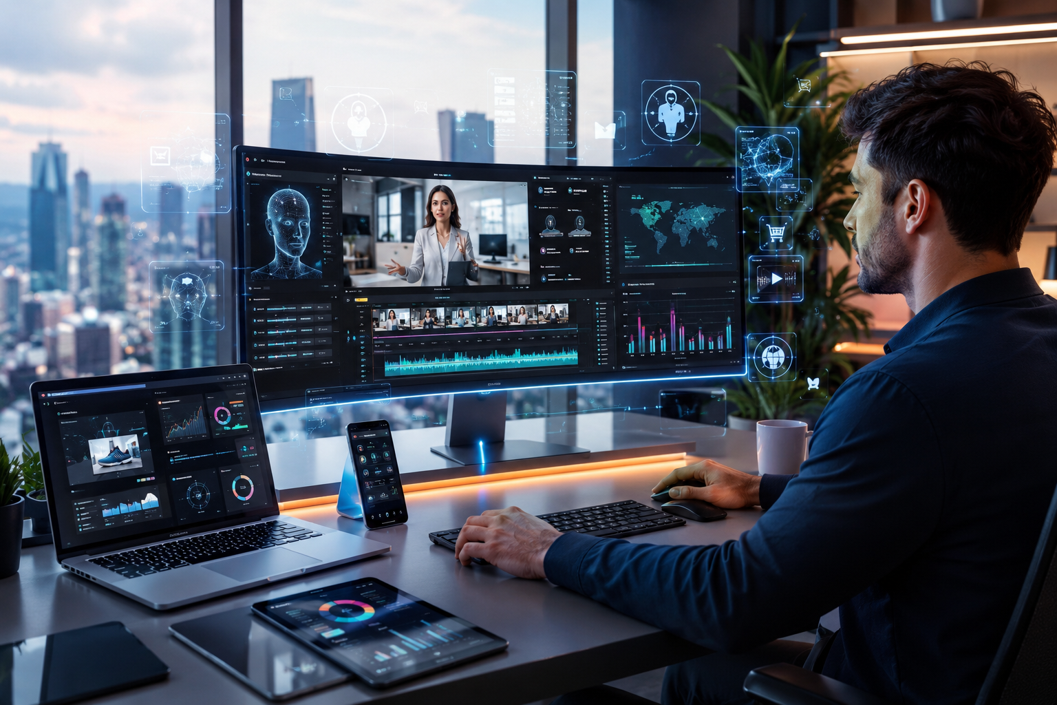 AI Video Marketing Trends in 2026 featuring a digital marketer using AI video generation software to create social media videos with analytics dashboard, ecommerce products, and AI technology interface.