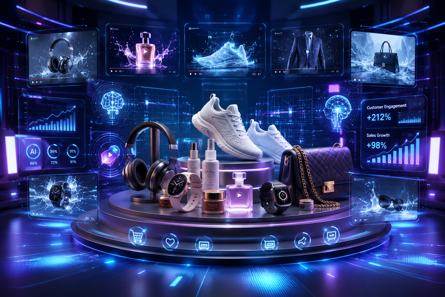 Best AI Video Generator for Ecommerce showing a marketer creating AI-powered product videos for an online store with ecommerce dashboard, video editor, analytics, and social media publishing.